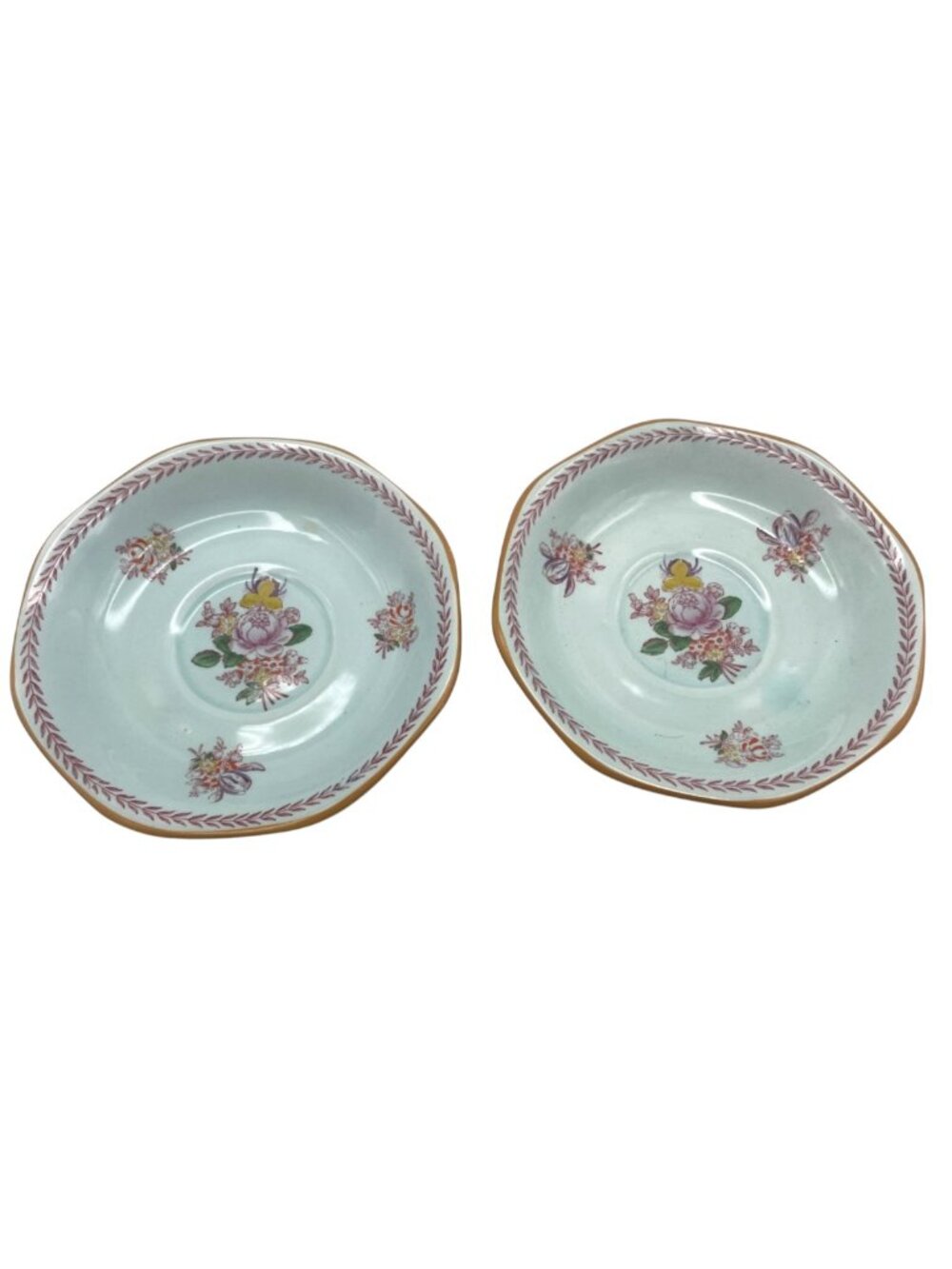 2 Adams Calyx Ware Chelsea Sprays Saucers Red Stamp Laurel Leaf England